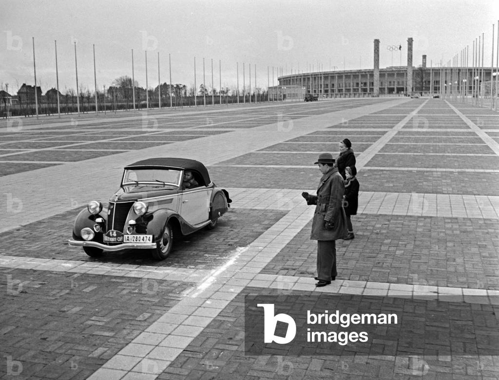 The German car for the Rallye Monte Carlo near the Berlin Olympic stadium, Germany 1930s (b/w photo)