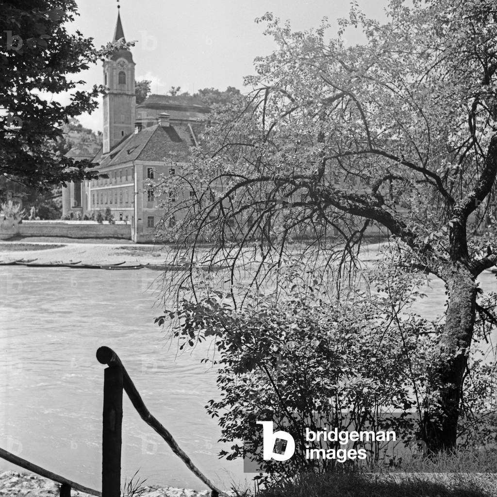 Weltenburg Abbey on river Danube, Germany 1930s (b/w photo)