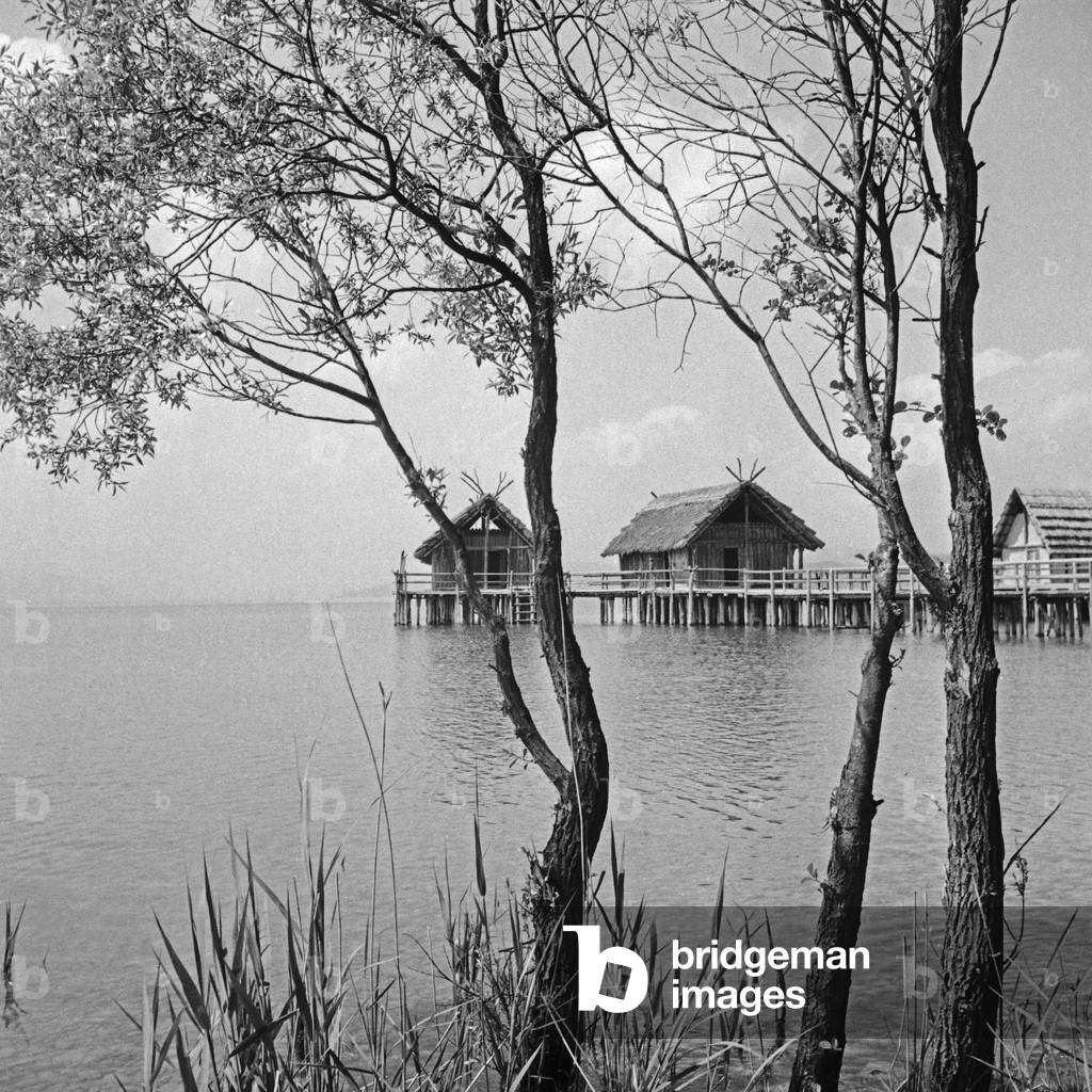 Stilt houses at the shore of Bodensee lake, Germany 1930s (b/w photo)
