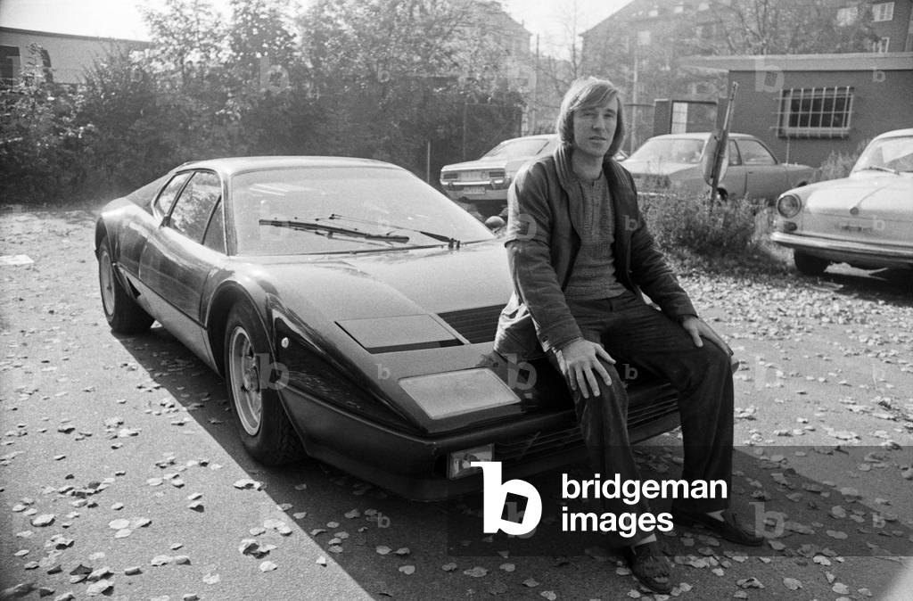 German football player Guenter Netzer with his Ferrari 512 BB car, Germany late 1970s