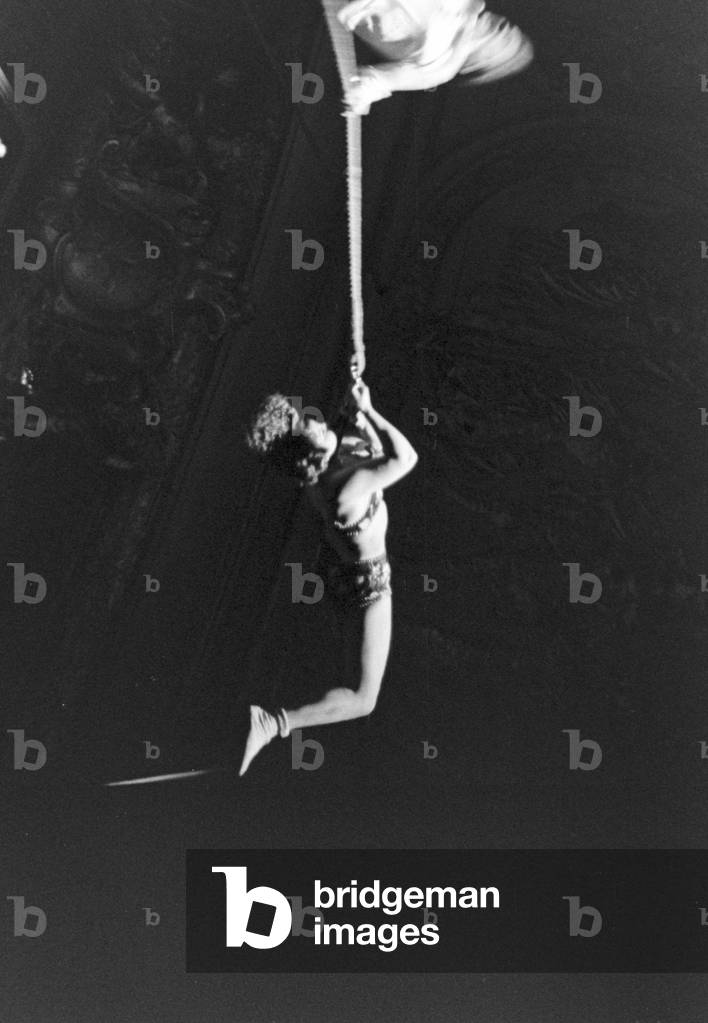 Circus acrobats during a show in Karlsbad, Germany 1930s (b/w photo)