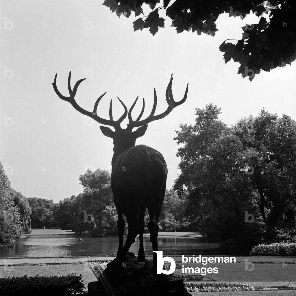Stag sculpture at Gelsenkirchen Stadtgarten, Germany 1930s (b/w photo)
