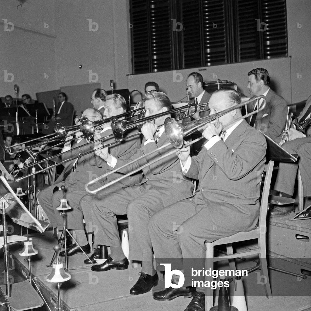 Trombonists of NDR dance orchestra playing at studio 10, Germany 1950s