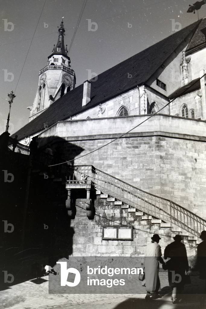 The Stiftskirche, abbey church and the tower in Tübingen, Germany 1930s (b/w photo)