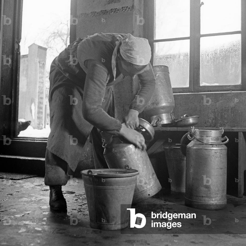 A woman cleaning milk cans at the female workforce group of Molkenberg, Germany 1930s (b/w photo)