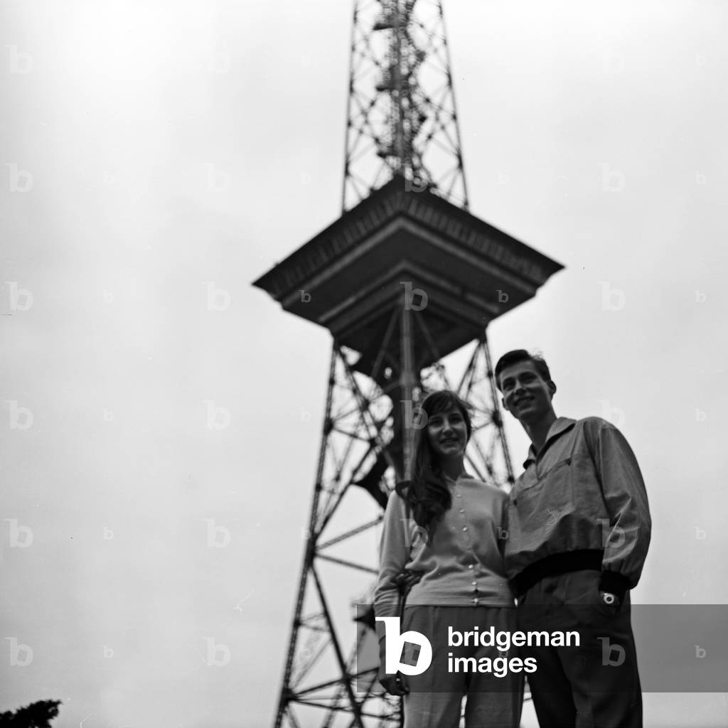 Siblings Maria and Franco Duval under the radio tower at Berlin, Germany 1950s