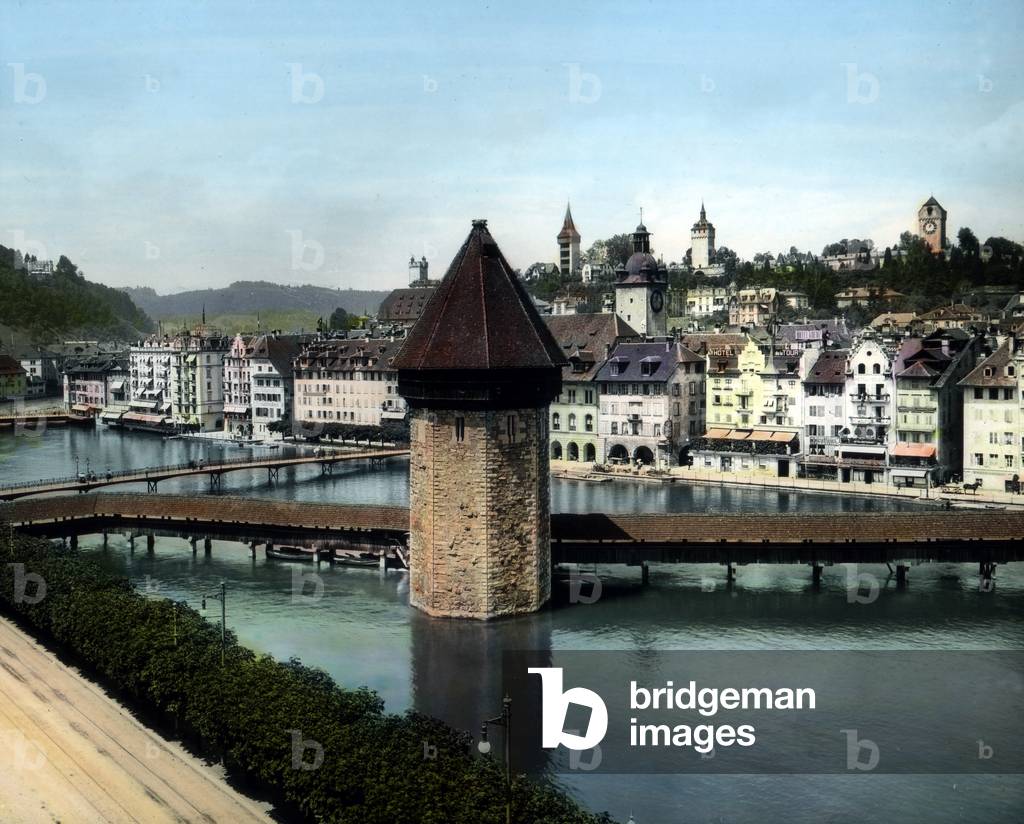 The Chapel Bridge and Water Tower at Lucerne, Switzerland, c.1910s