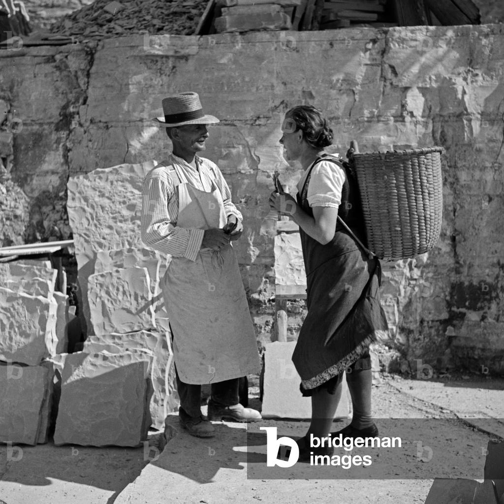 Worker at the lithographic limestone stone pit at Solnhofen, Germany 1930s (b/w photo)