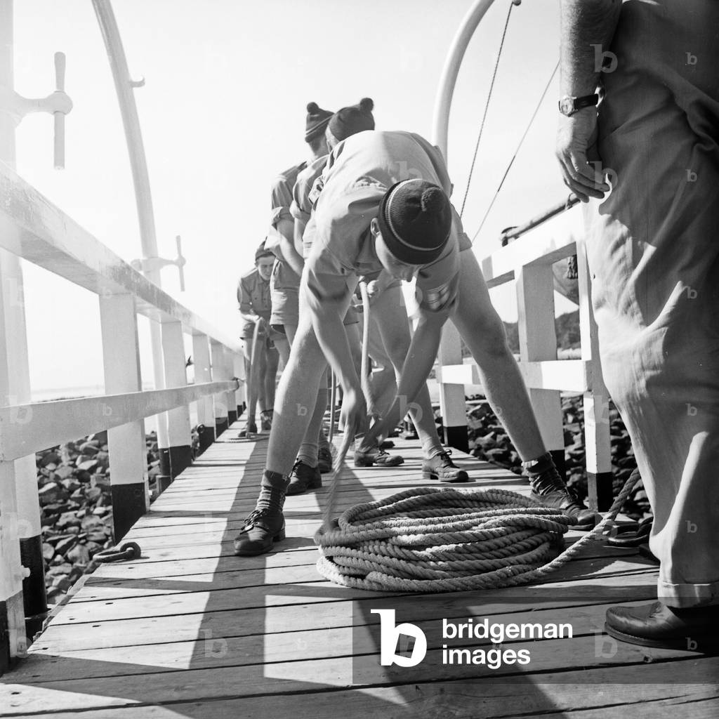 Pupils exercising at an educational ship of the navigation school Falkenstein at Hamburg Blankenese, Germany 1950s