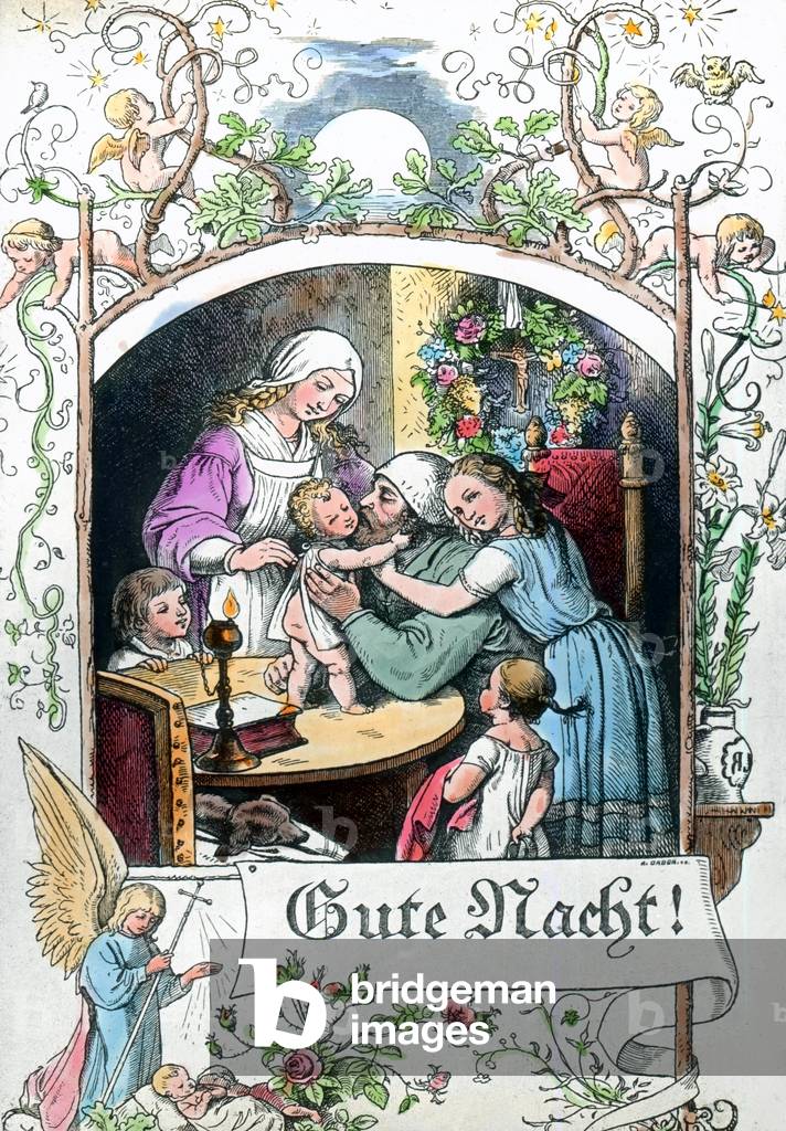 Engraving depicting the wish for a good night, Germany 1920s