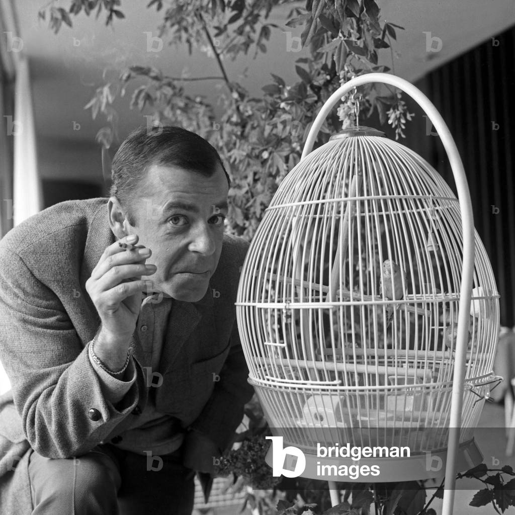 The British singer, actor, radio and TV presenter Chris Howland having a cigarette beside a bird's cage, Hamburg 1960s