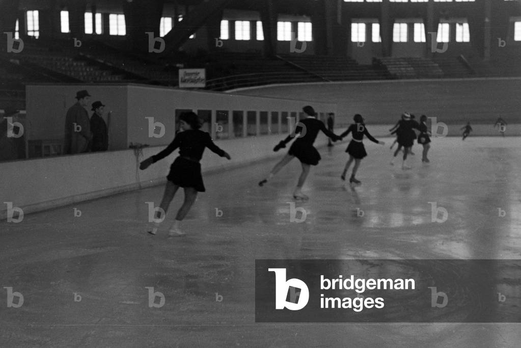 A group of Hitler Youth members during a training, coached by the Austrian figureskater and Olympics champion Karl Sch/Sfer in an ice stadium in Dortmund, Germany 1930s