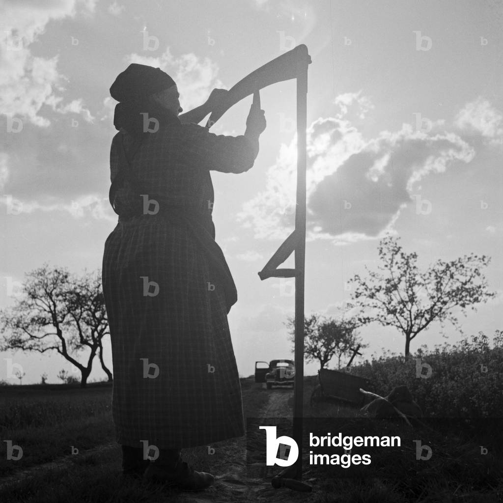 A farm woman sharpening her scythe in the backlight, Germany 1930s (b/w photo)