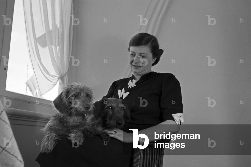 A woman and two dachshounds at her single room at Schlosshotel hotel at Oberhof in Thuringia, Germany 1930s (b/w photo)