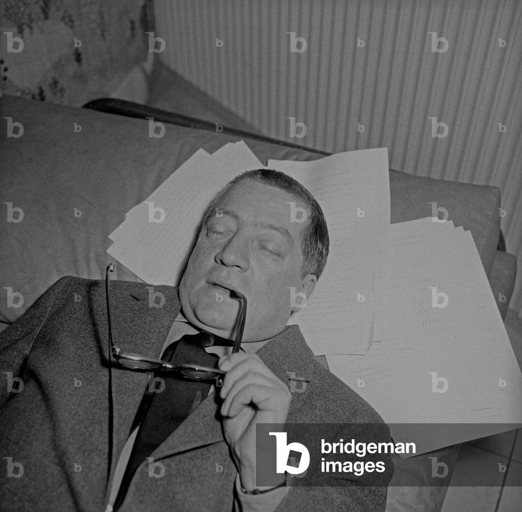 Actor Josef Dahmen learning his text for an audio play production of German radio and TV station NDR