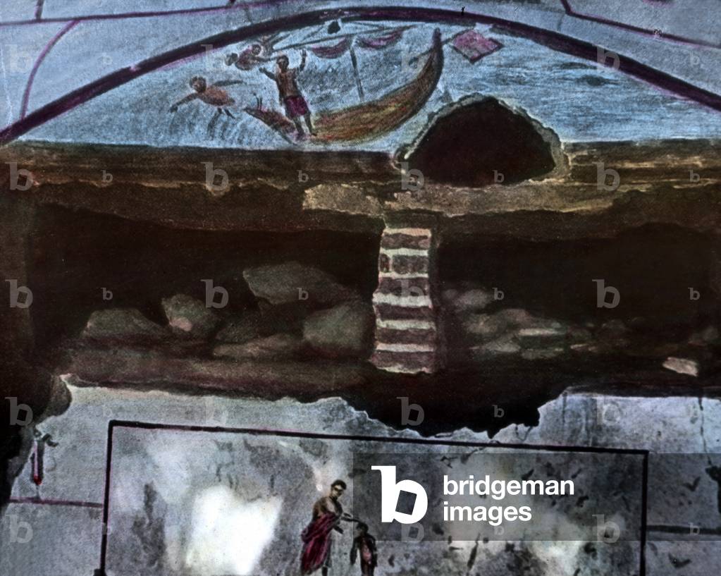 Wall painting of the church as a ship in the storm at a catacomb at Rome, Italy