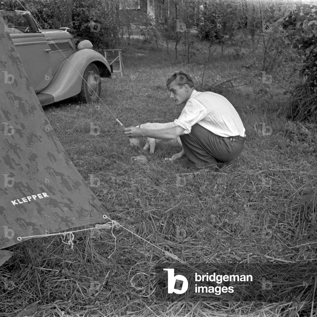 A man found the best place for the tents and builds it up for camping, Germany 1930s (b/w photo)