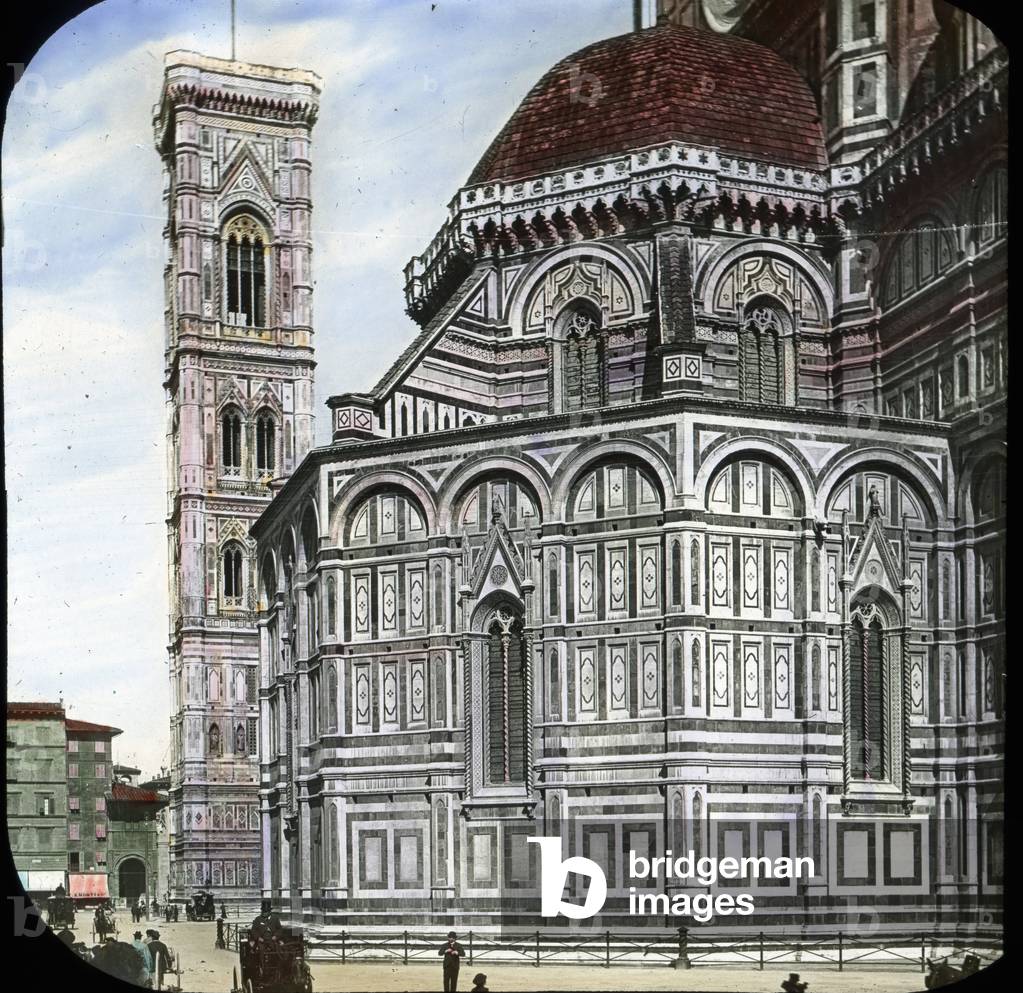 Italy, Florence, Basilica of Saint Mary of the Flower and the Bell Tower by Giotto, image date: circa 1910. Carl Simon Archive
