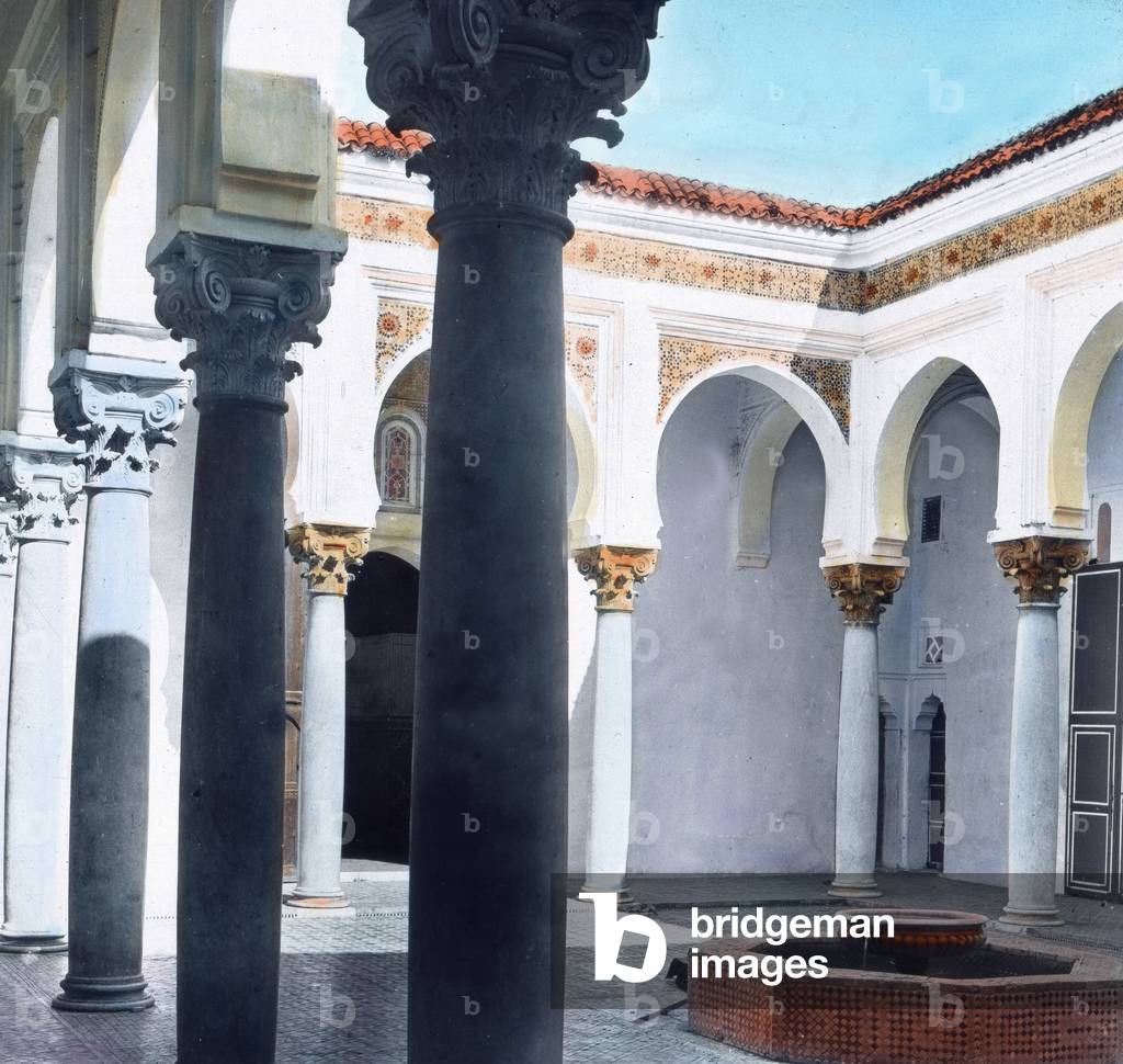 Northern Morocco, the Medina, patio of the Sultan's palace in Fez, image date: circa 1910. Carl Simon Archive