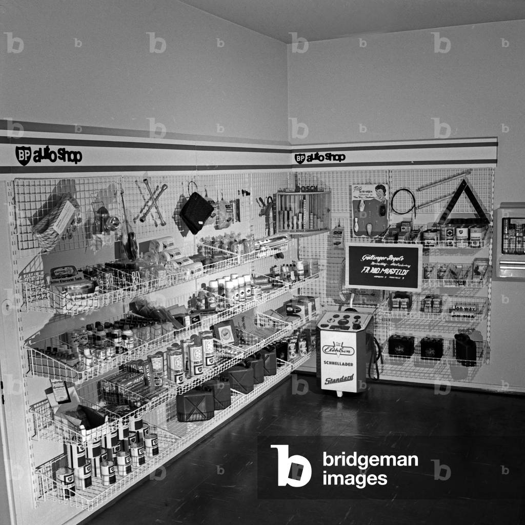 Filled shelving at a BP petrol station in Hamburg, Germany 1960s