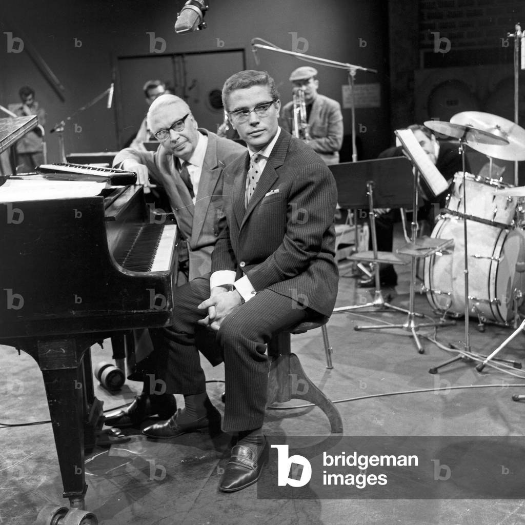 Hans Gertberg (behind), head of the jazz editorial office of German radio station NDR at Hamburg, Germany 1960s