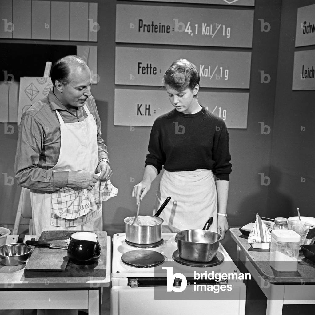 Cooking show with information about nutrition facts of food, Germany 1960s