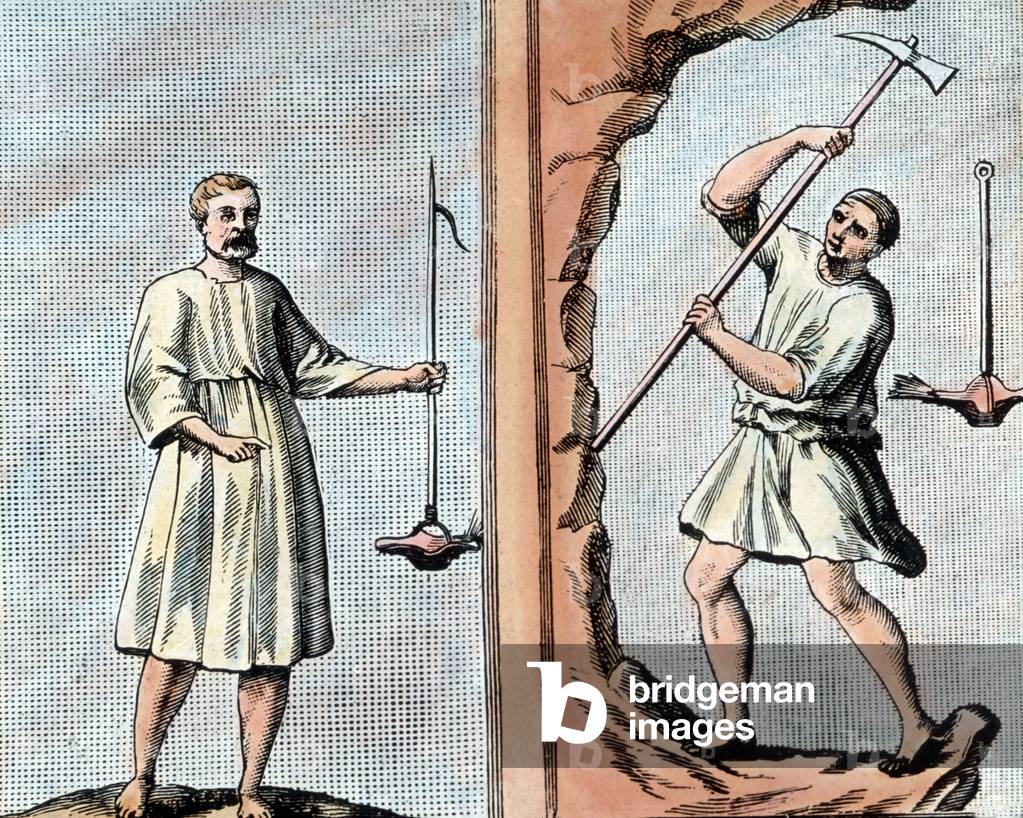 Fossors or grave diggers digging and designing a tomb at the catacomb area at Rome, Italy