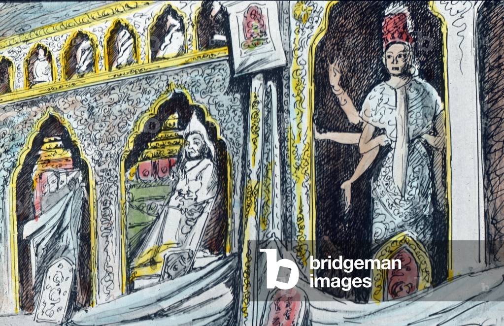 Drawing of an monastery interior in Tibet