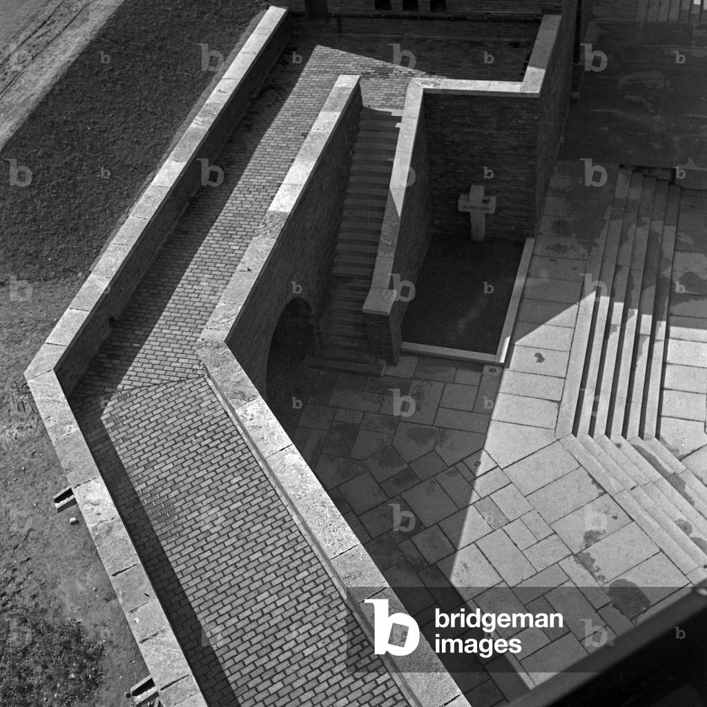 View from one of the towers o the inner courtyard at the Tannenberg monument near Hohenstein in East Prussia, Germany 1930s (b/w photo)
