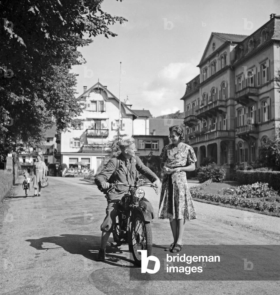 German actress Evelyn von Schoening at the spa resort Villa Sommerberg at Bad Rippoldsau in the Black Forest, Germany 1930s (b/w photo)