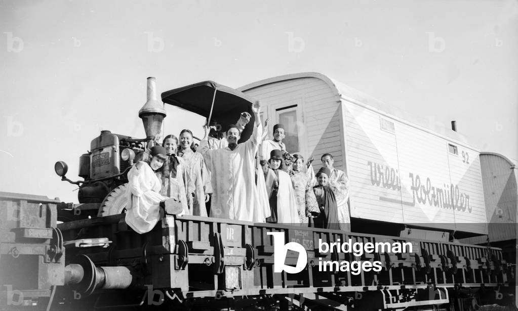 Members of the Holzmueller Circus on a railway transport, Hamburg 1954