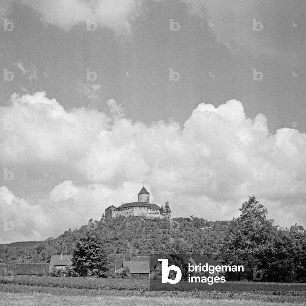 View to the scenic landscape of the Black Forest area, Germany 1930s (b/w photo)