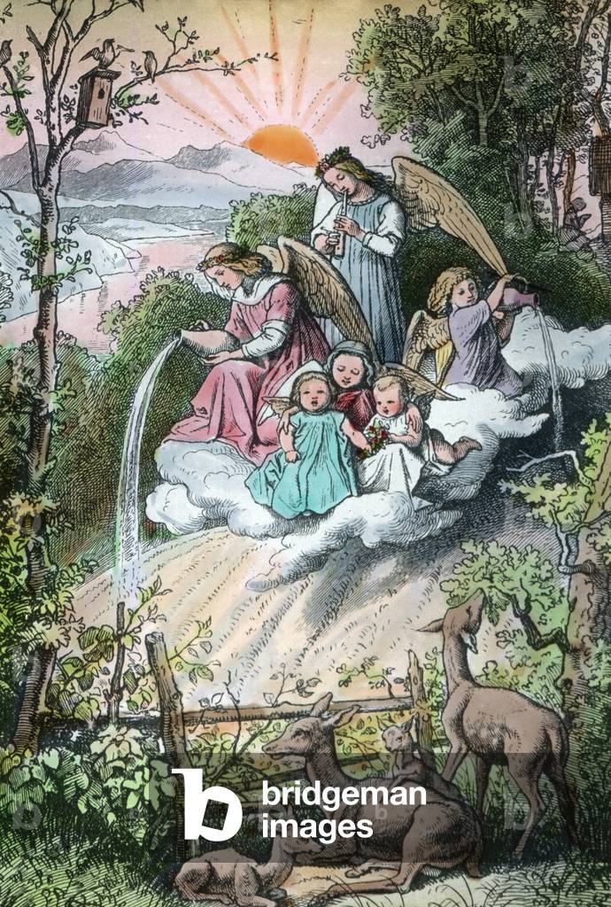 Engraving depicting angels puring the morning dew, Germany 1920s