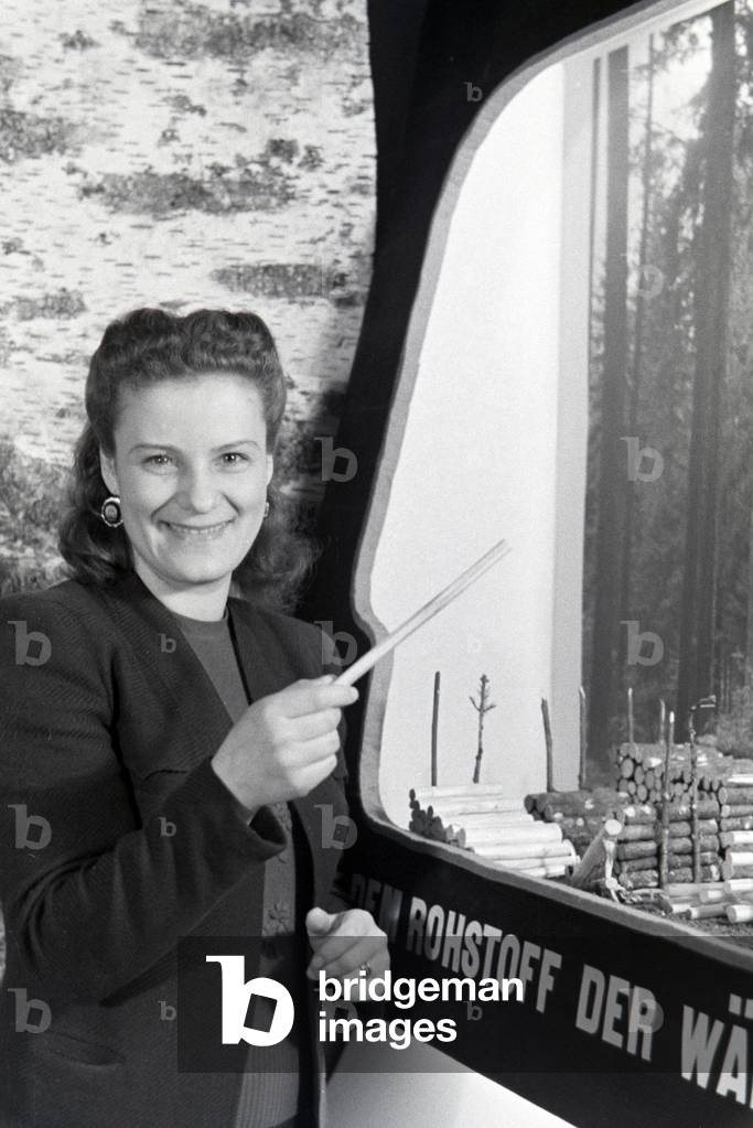 A visitor of the Leipziger Frühjahrsmesse in front of a model of the utilization of the raw material wood, Germany 1941 (b/w photo)