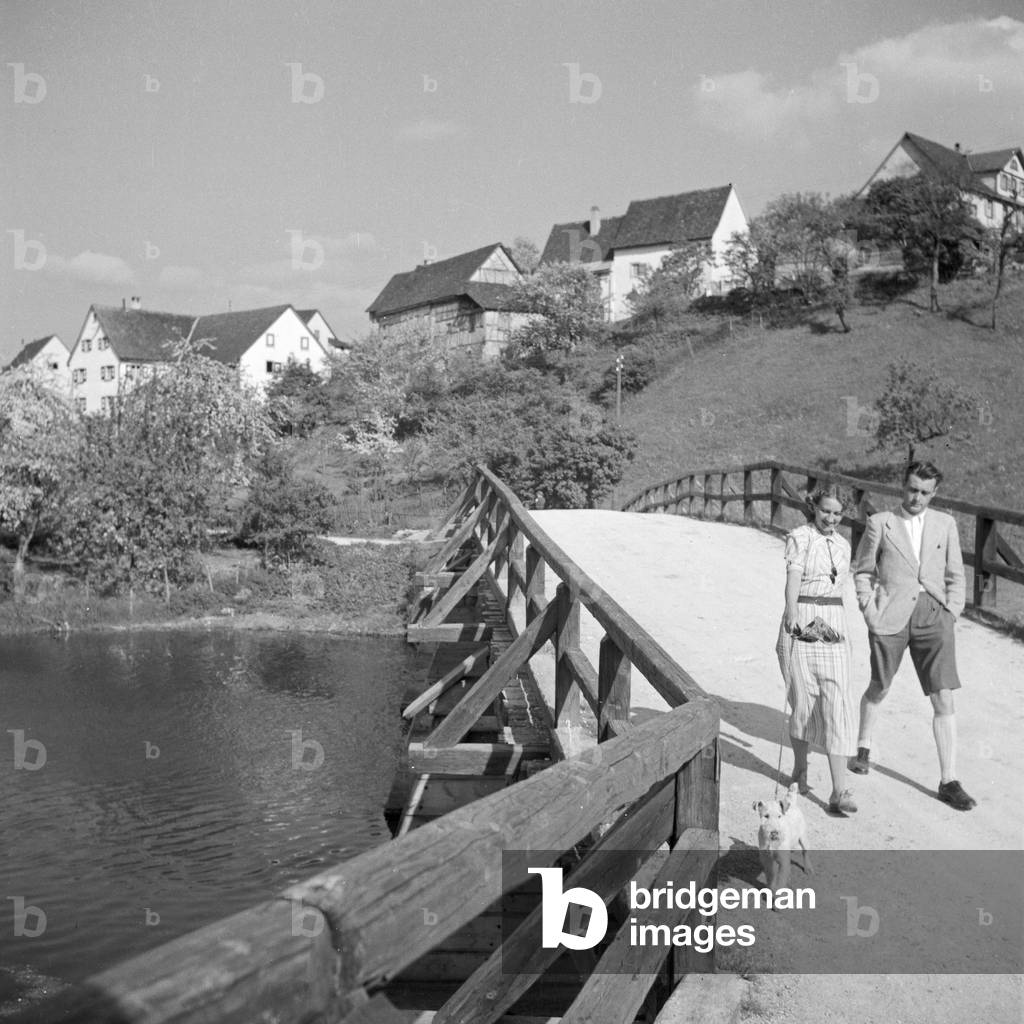 On the brigde to Gutenstein near Sigmaringen, Germany 1930s (b/w photo)