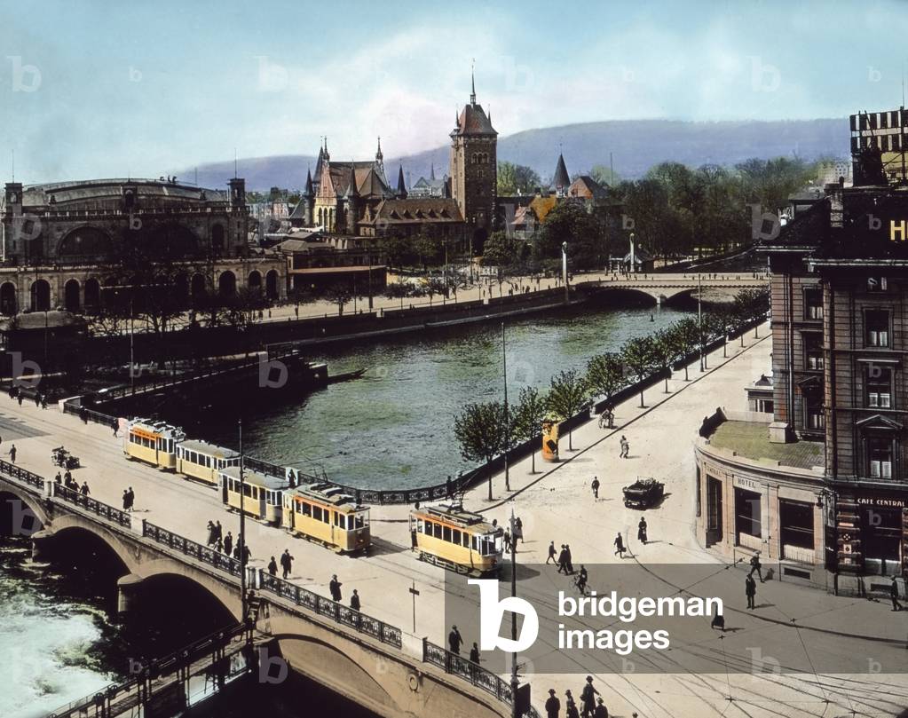 Main station, National Museum and bridge over river Limmat, Zurich, Switzerland 1930s