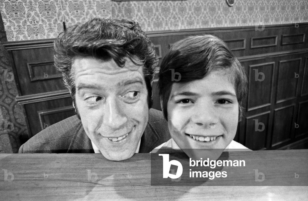 Two Dutchmen meet at German TV: presenter Rudi Carrell and child star singer Heintje at Hamburg, Germany early 1970s
