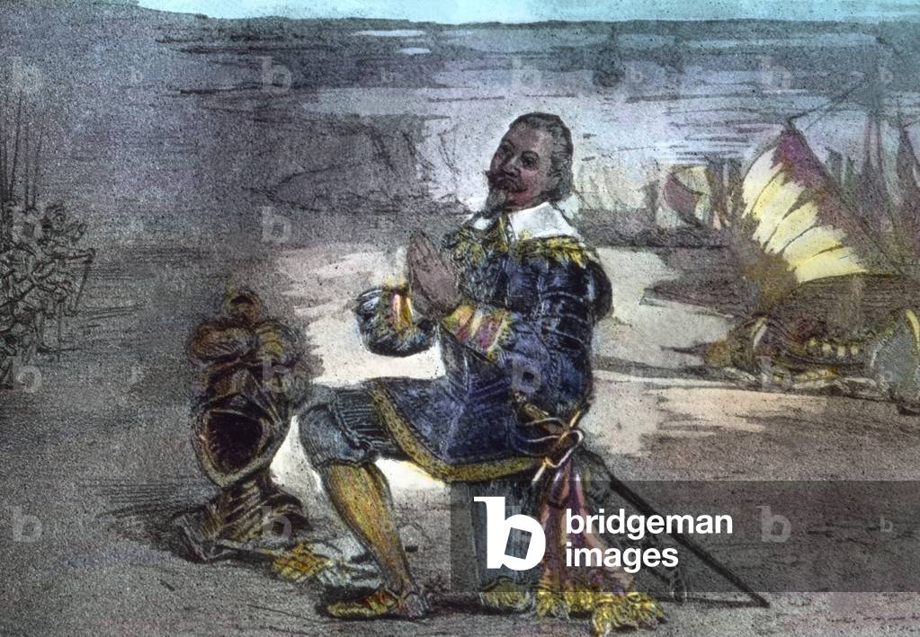 Gustav Adolf saying a prayer after reaching the village of Peenemuende on the island of Usedom
