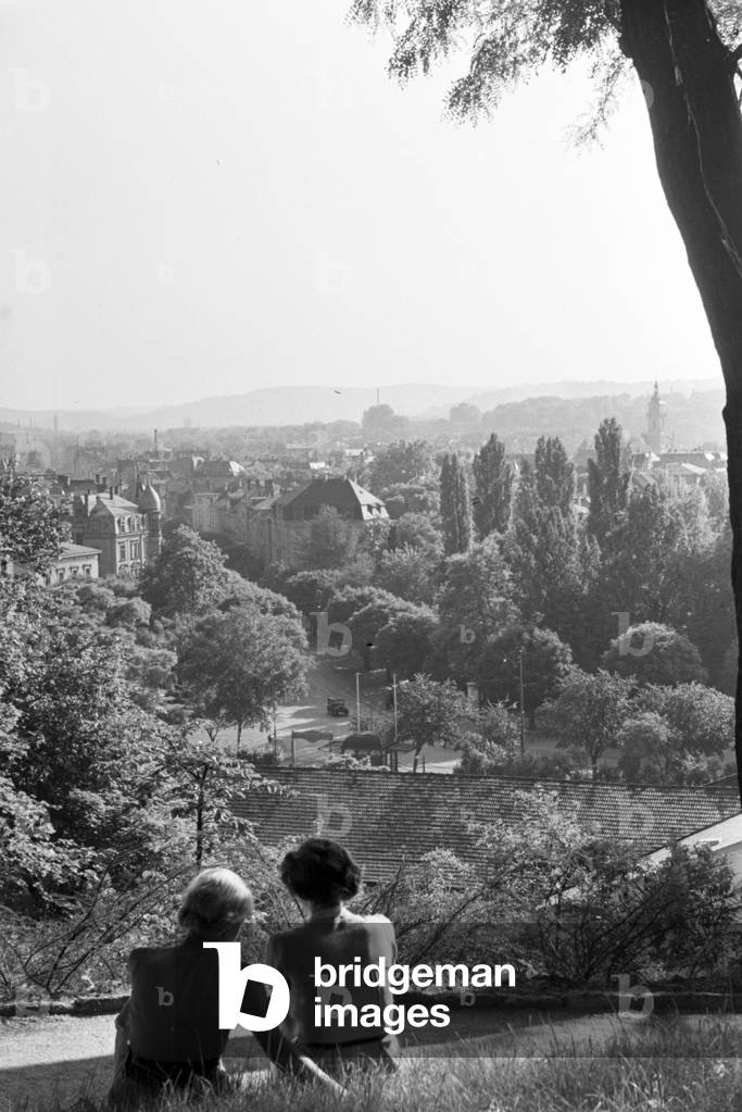 Two young women enjoying the panoramic view of Stuttgart, Germany 1930s (b/w photo)