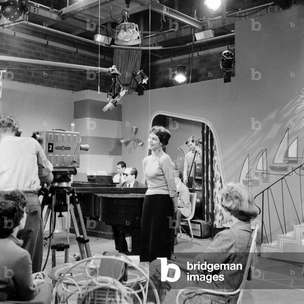 TV music show production, featuring German singer Margot Eskens at German radio and TV station NWDR, 1955