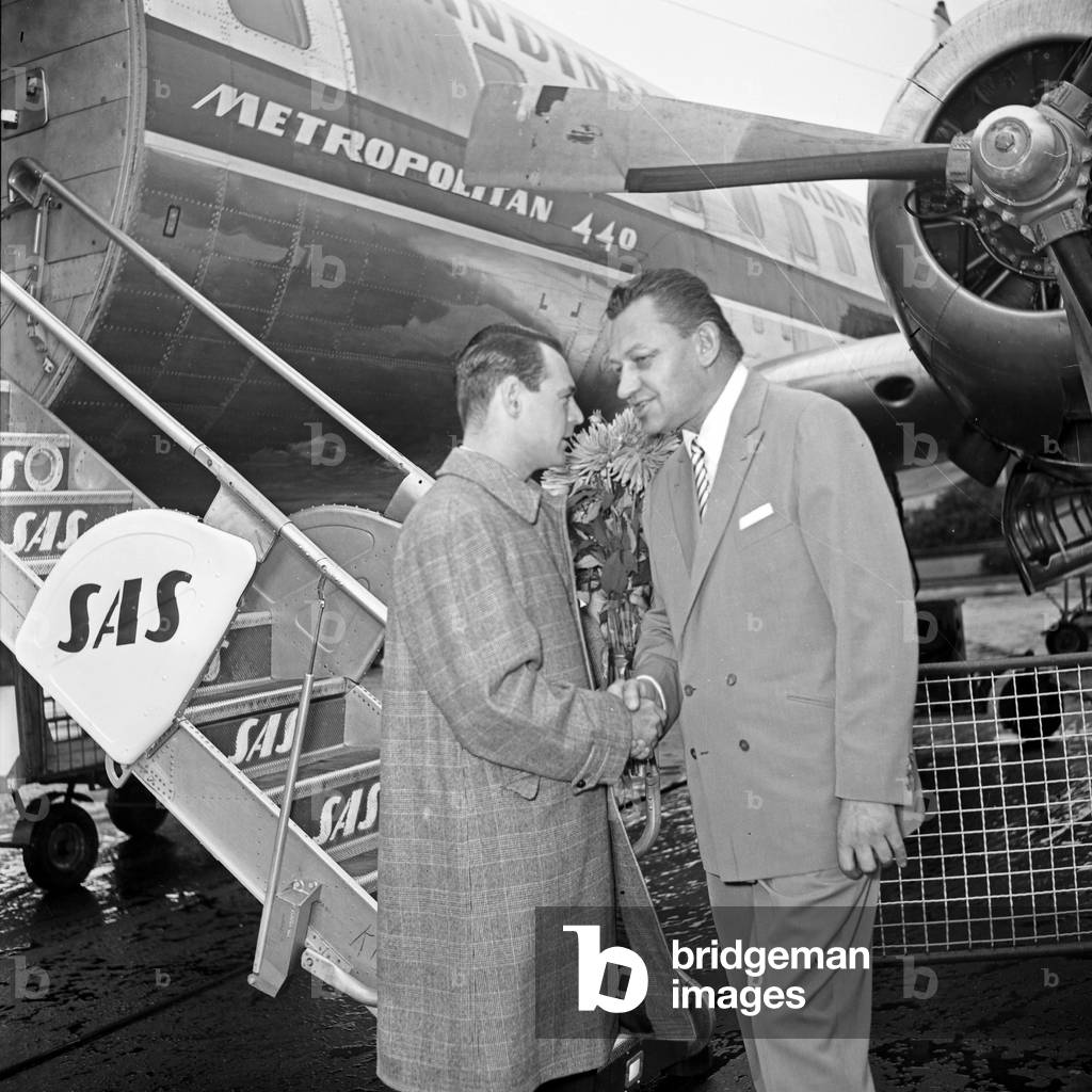 German composer Michael Jary welcomes at Hamburg airport, Germany 1950s