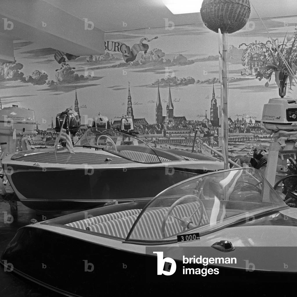 Exhibition of boats produces by the Armin Wiedemann company at Hamburg, Germany 1950s