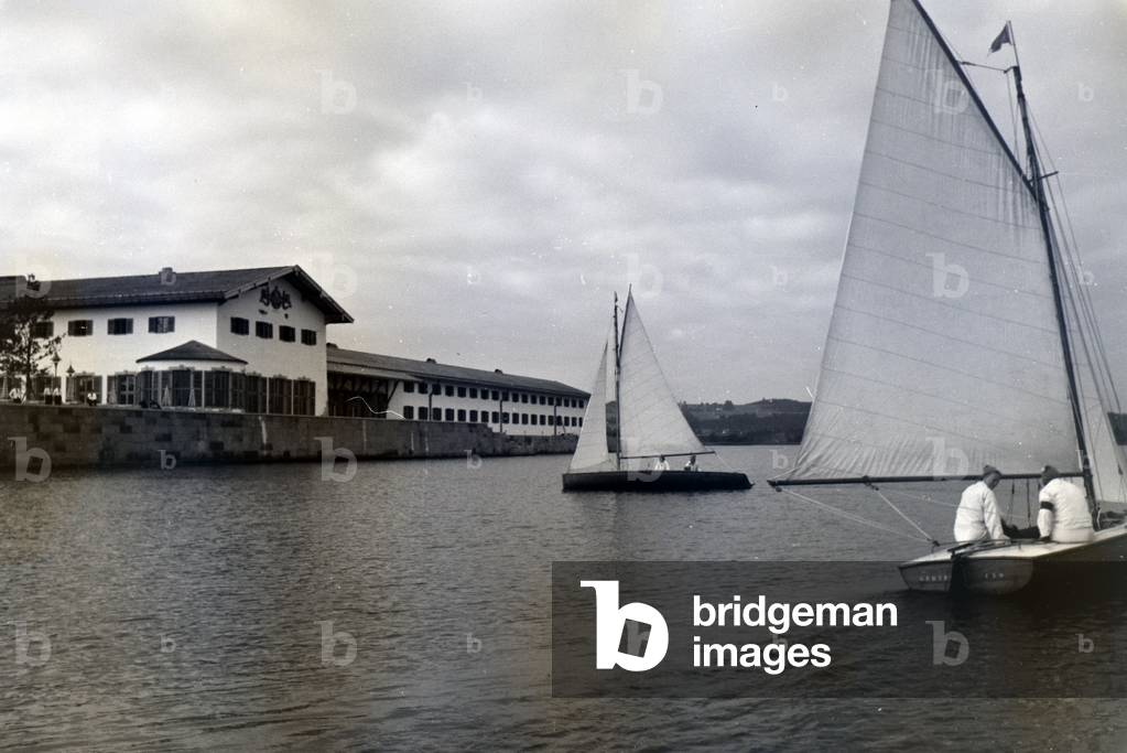 Sailing boats near the coast on the Chiemsee, Germany 1930s (b/w photo)