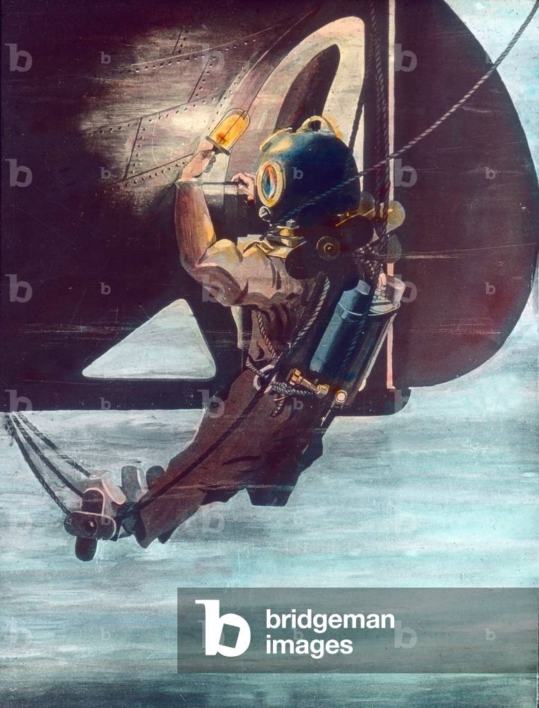 Diver diving in the ocean, 1920s