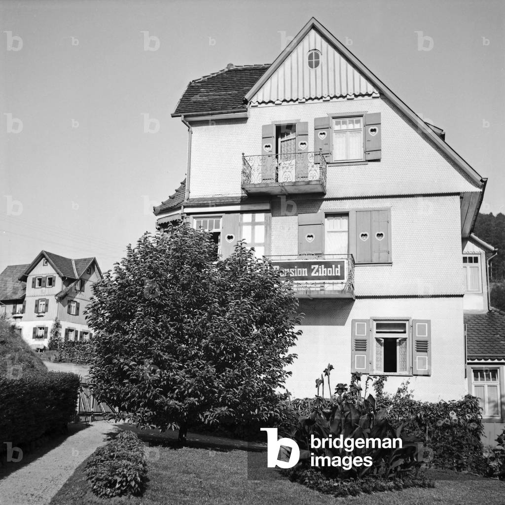 View to Zibold's bed and breakfast in a small town at the Black Forest, Germany 1930s (b/w photo)