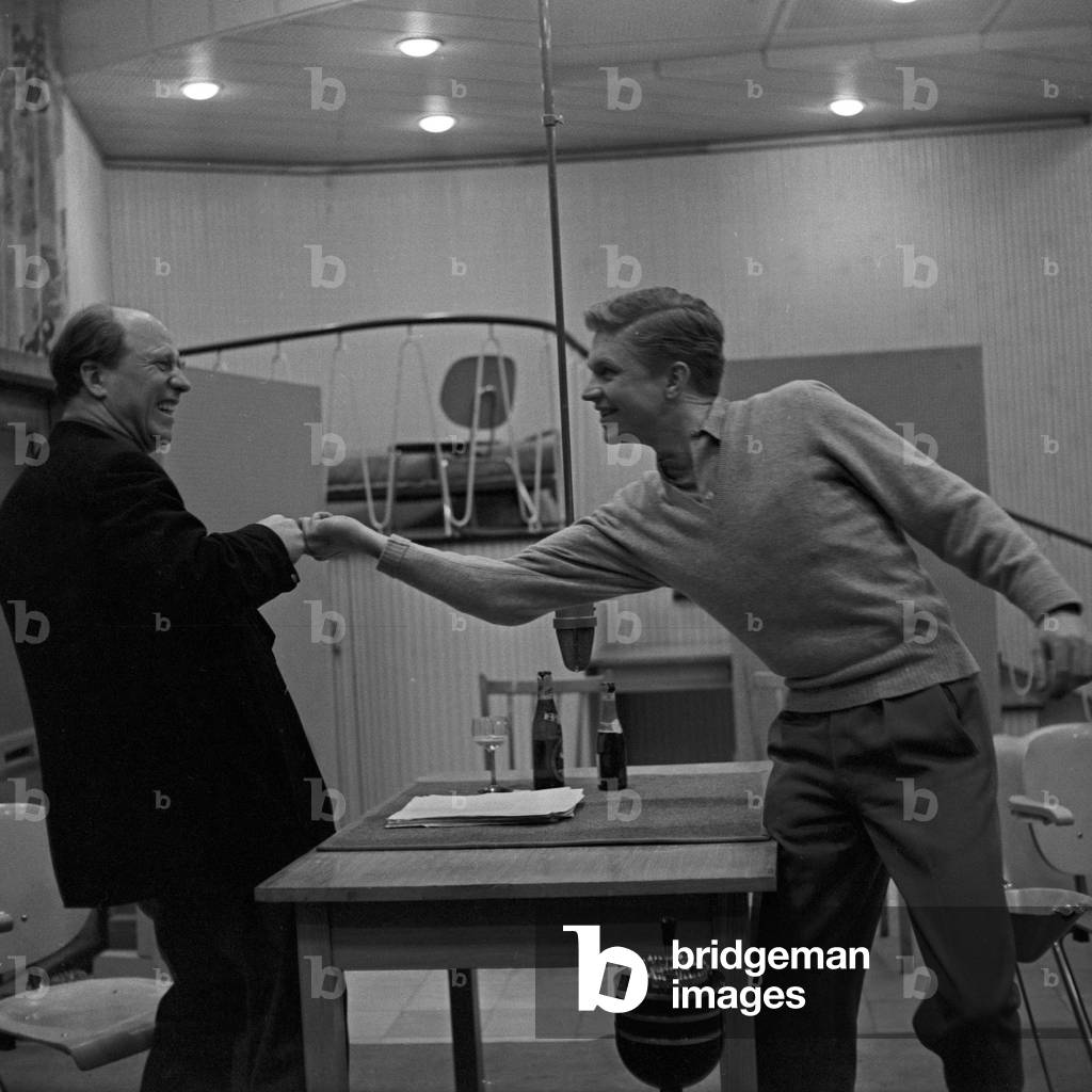 The two German actors Hardy Krueger and Werner Hinz at an audio play production at Hamburg, Germany 1950s