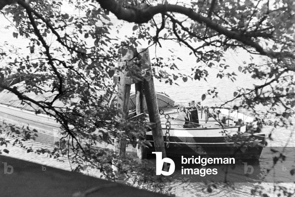 Vessel on river Weser at Bremen, Germany 1930s (b/w photo)