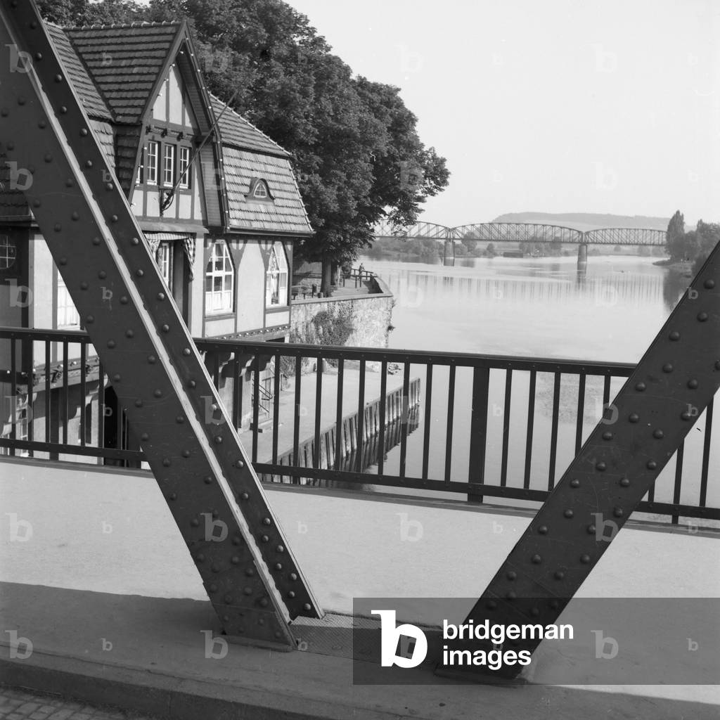 Bridge over river Weser near Hameln, Germany 1930s (b/w photo)