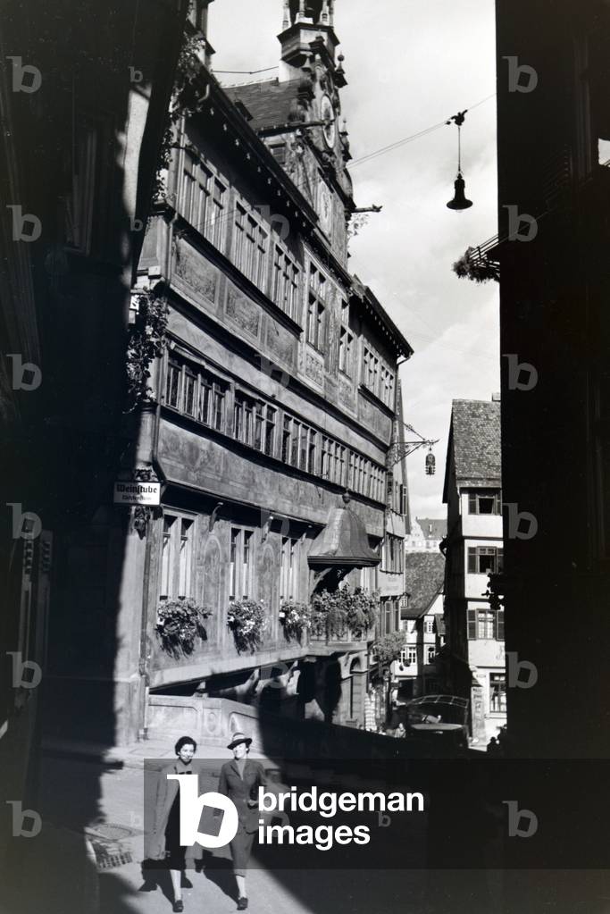 The balcony and astronomical clock of the townhall in Tübingen, Germany 1930s (b/w photo)