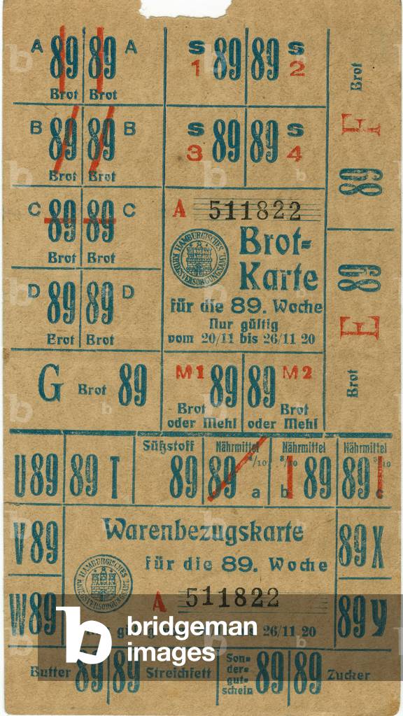 Germany , the time of the Weimarer Republic , Hamburg, food ration card for bread , butter and sugar, valid from 20. 11. to 26. 11. 1920. Keywords : the German Reich , WW I , the First World War , postwar era , rationing , providing , misery , poverty , plight , household , housekeeping , economy , in the twenties of the twentieth century